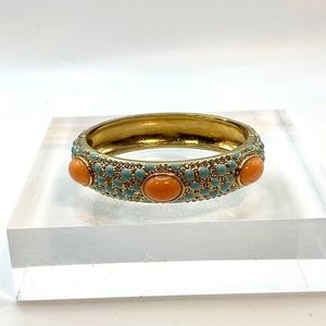 Stella & Dot Hinged Bangle Goldtone Bracelet Coral Turquoise Stones Crystals Vtg
